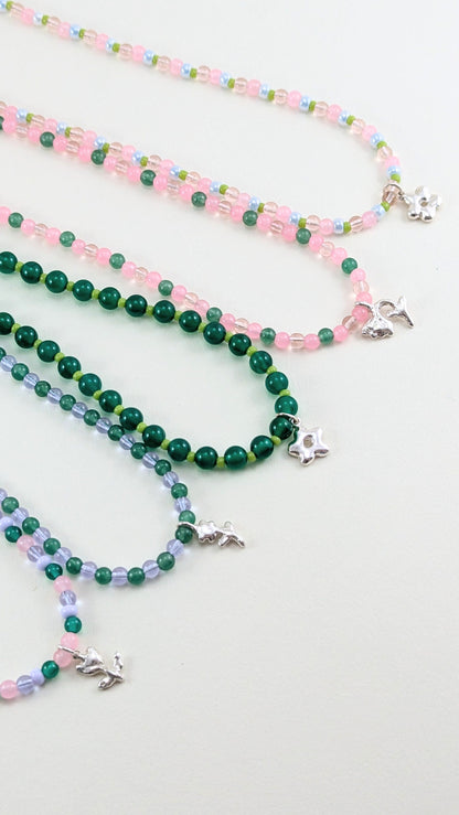 Beaded silver charm necklaces